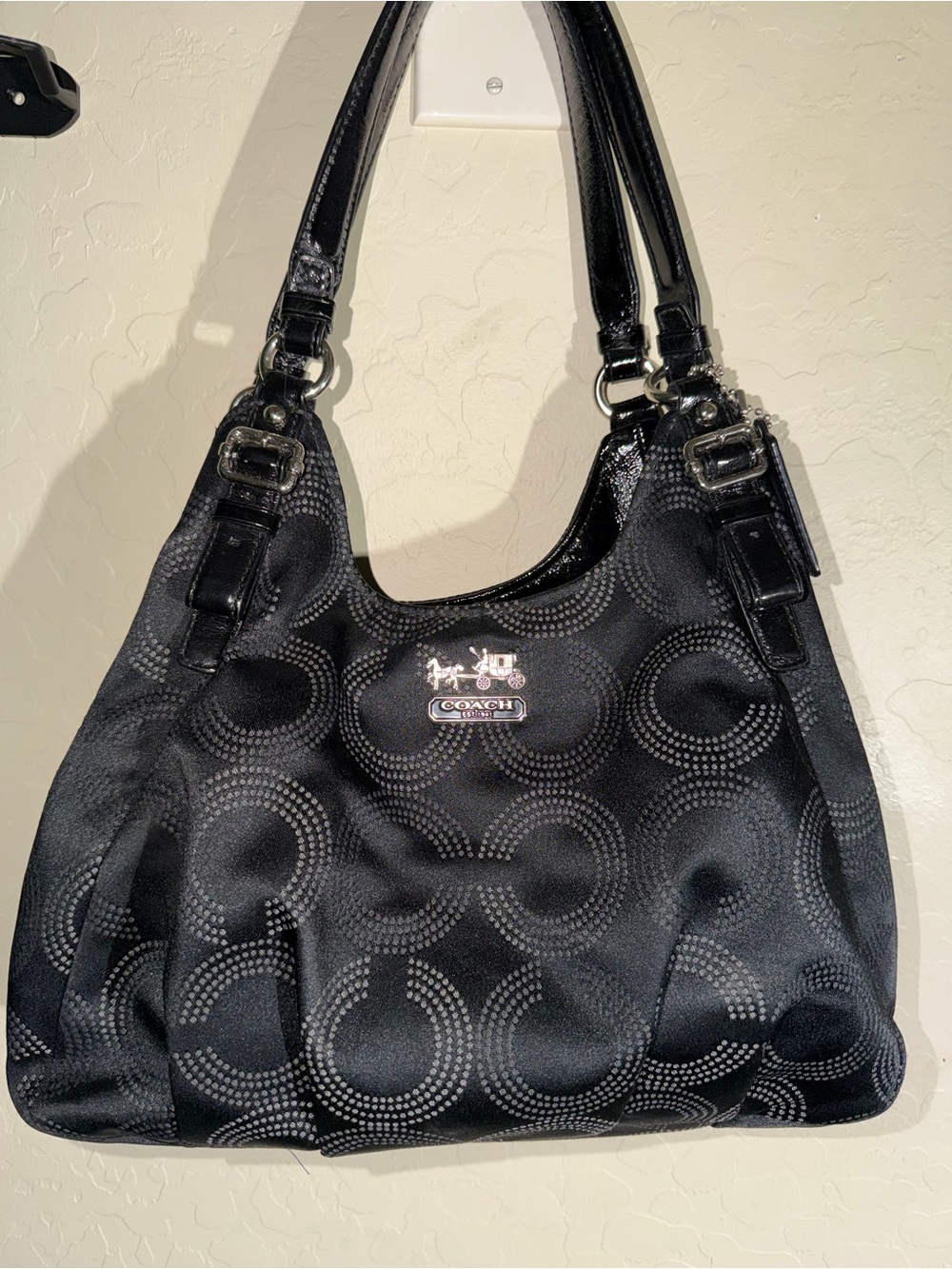 Coach Kristin Op Art Sateen Hobo Bag #14753 Black Gray Patent Leather Y2K
